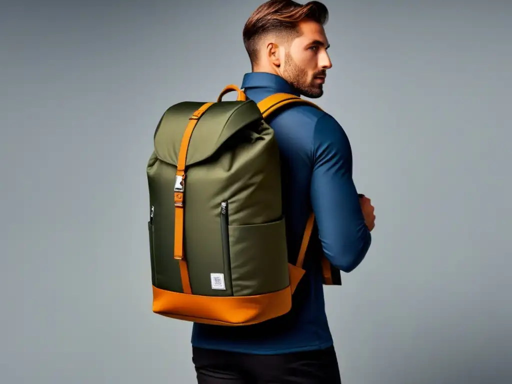 Accesorios de viaje sostenibles: Mochila ecológica de diseño moderno en tonos terrosos, hecha de materiales reciclados