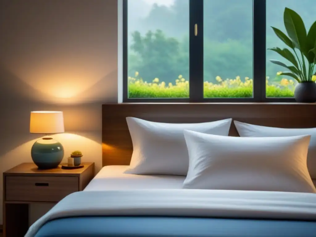 Un acogedor dormitorio de homestay con medida de seguridad postviaje, con cama hecha, lámpara y vista al jardín floreado