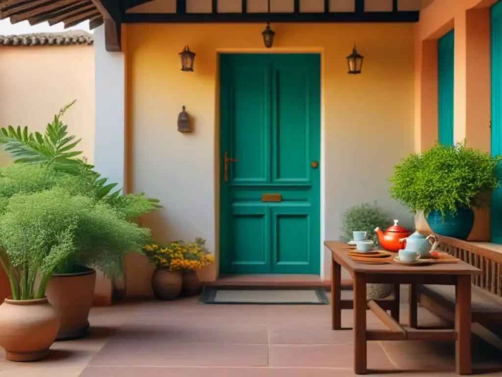 Un acogedor homestay en la India con un patio encantador, flores vibrantes y anfitrión sonriente