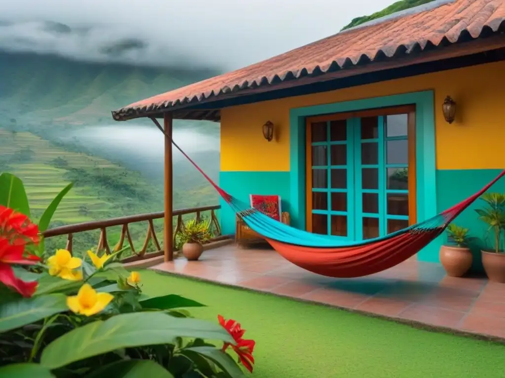 Hermosa casa tradicional en Latinoamérica: calidez y relajación Un acogedor homestay en América Latina: coloridas paredes, techo de tejas, hamaca y café caliente