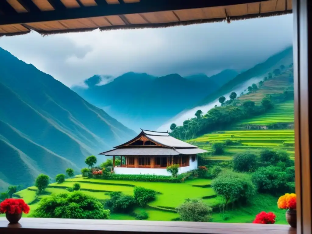 Acogedor homestay en las Montañas Himalaya con arquitectura tradicional y flores coloridas en las ventanas, rodeado de naturaleza serena