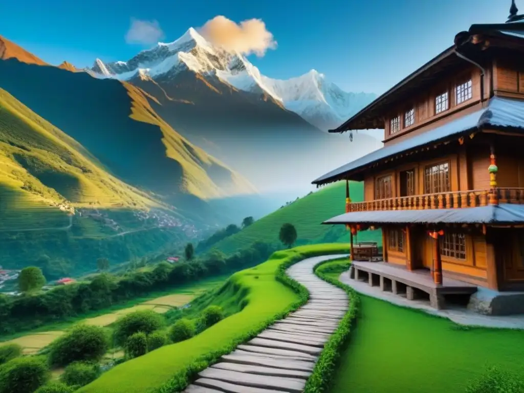 Homestay acogedor en las Montañas Himalaya, rodeado de naturaleza exuberante y montañas nevadas bajo un cielo azul claro