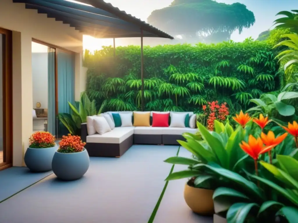 Acogedor homestay en la naturaleza, patio sereno rodeado de plantas tropicales y flores coloridas al atardecer