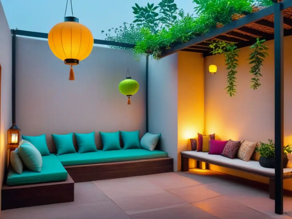 Un acogedor patio de homestay en India, con linternas y plantas coloridas