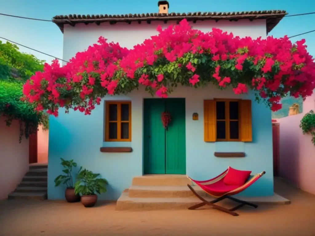 Acogedora casa de adobe con bougainvilleas en pueblo latinoamericano Acogedor homestay en un pueblo de América Latina con casa de adobe y flores rojas