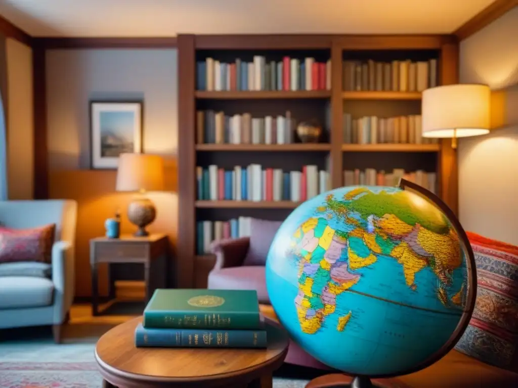 Acogedor salón de homestay con chimenea, estantería de libros de viajes, globo terráqueo y sillón con manta suave