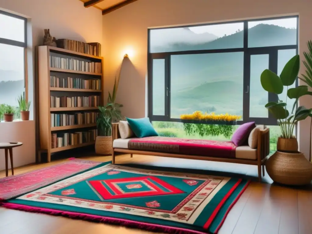 Un acogedor salón de homestay con chimenea, libros, sofá colorido y vista al jardín