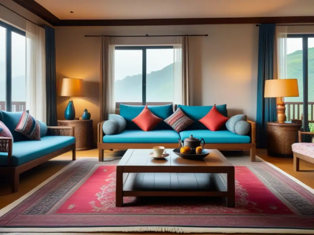 Un acogedor salón de homestay con detalles artesanales y decoraciones culturales, iluminado por la suave luz natural