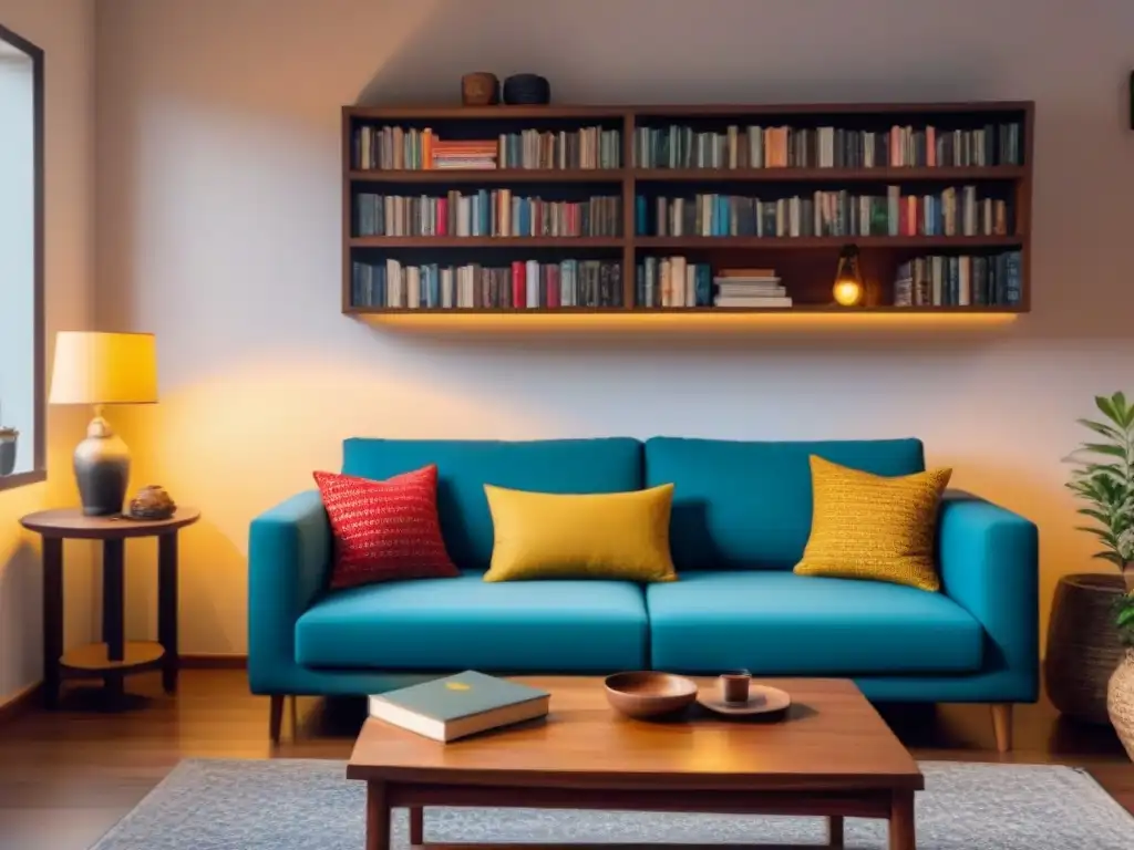 Salón acogedor de homestay: cultural y cálido Un acogedor salón de homestay lleno de cultura, con iluminación cálida, un cómodo sofá y almohadas coloridas