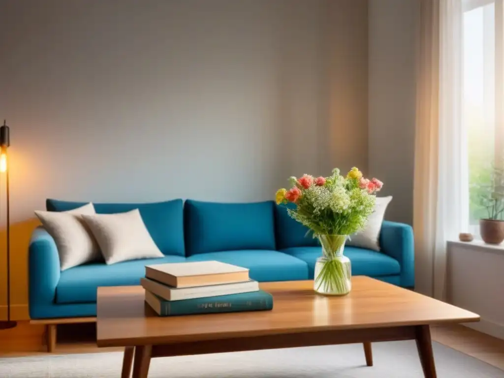 Acogedora sala de estar minimalista con flores locales y libros Un acogedor salón de homestay con mesa de madera, flores frescas y libros locales