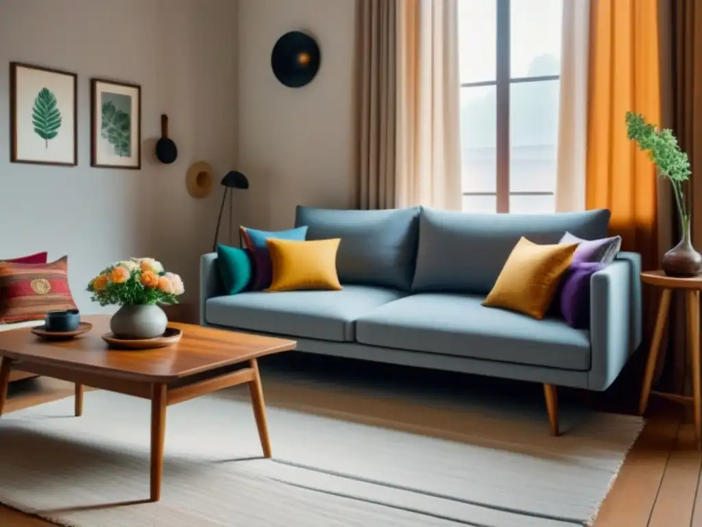 Un acogedor salón de homestay, con tonos cálidos, sofá cómodo, cojines coloridos, mesa de café de madera, flores frescas y artefactos culturales