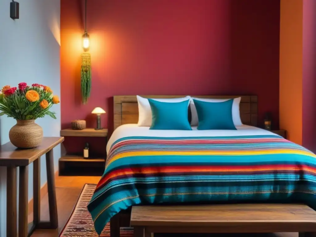 Acogedora habitación de homestays auténticas en Ciudad de México, con textiles mexicanos, flores frescas y arte vibrante en las paredes