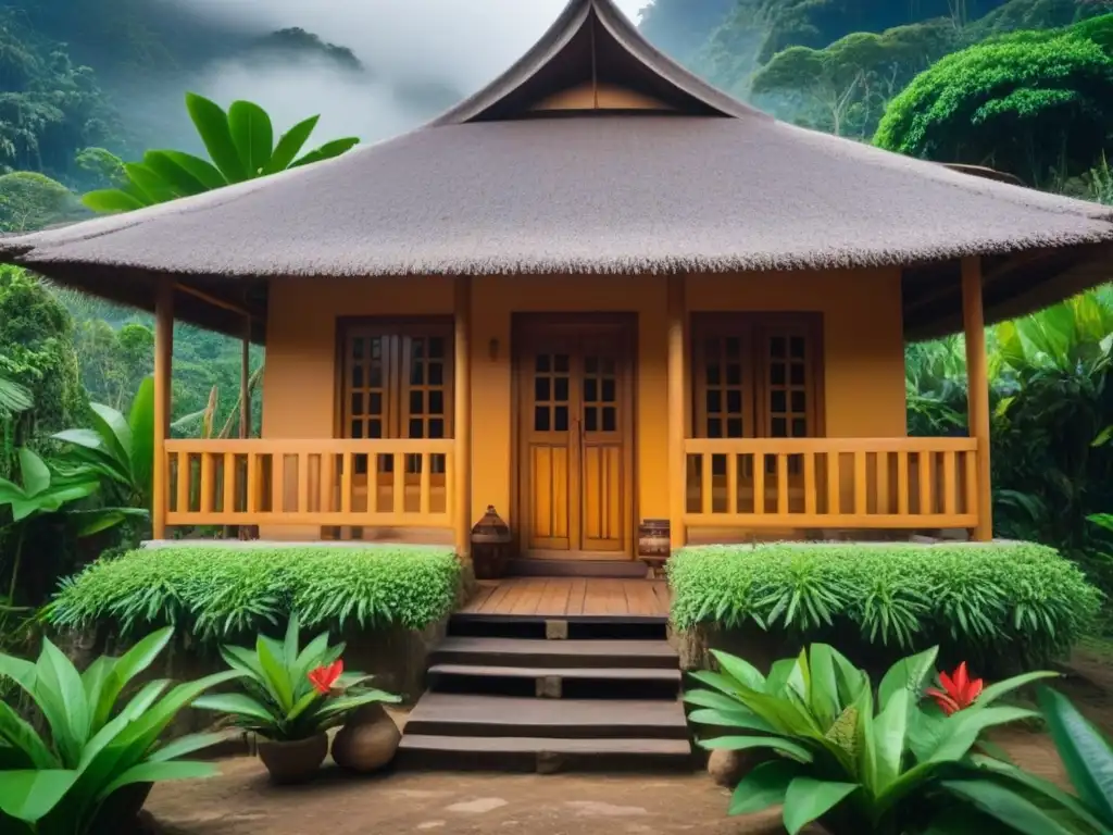 Acogedora cabaña en la jungla con detalles arquitectónicos y vista a paisaje tropical