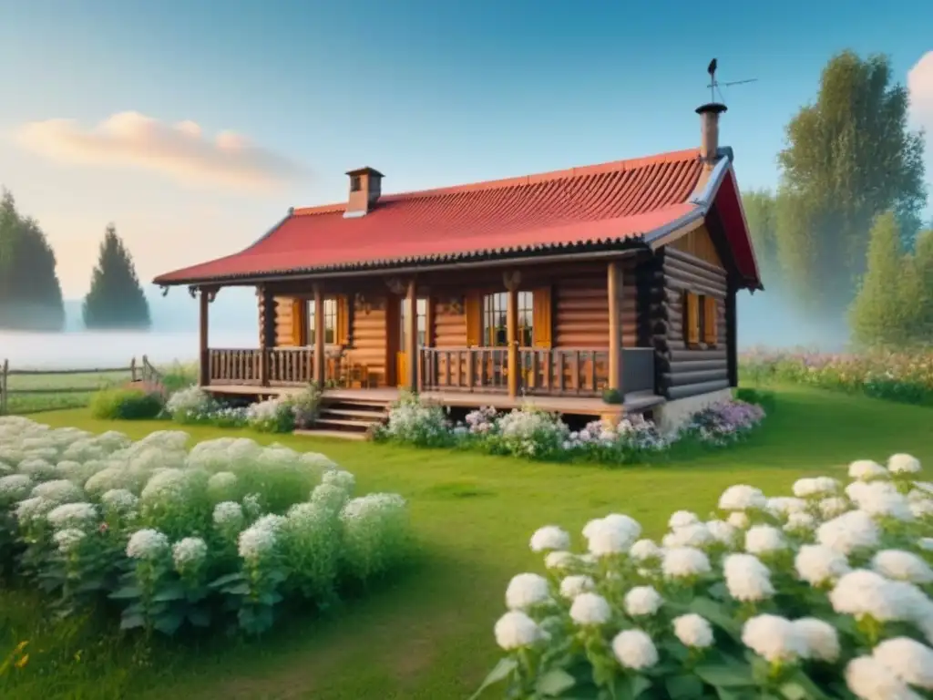 Acogedora cabaña de madera en Europa del Este rodeada de naturaleza exuberante y flores, con un porche y un jardín