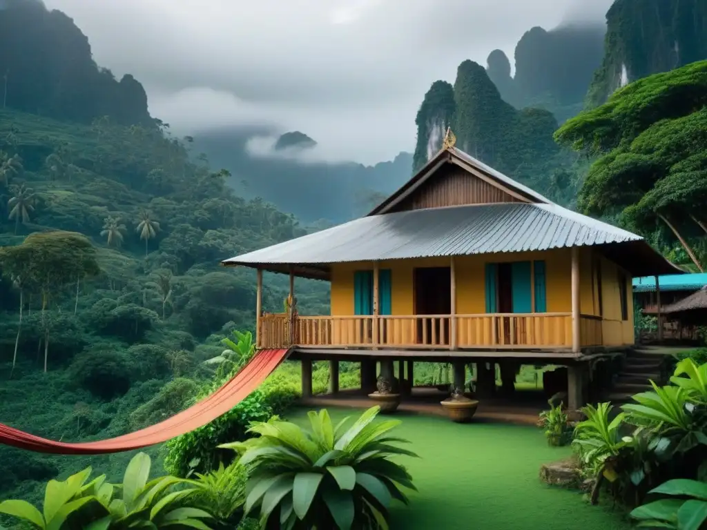 Refugio tropical: cabaña de madera en la selva exuberante Acogedora cabaña en la selva con hamaca, flores tropicales y árboles altos