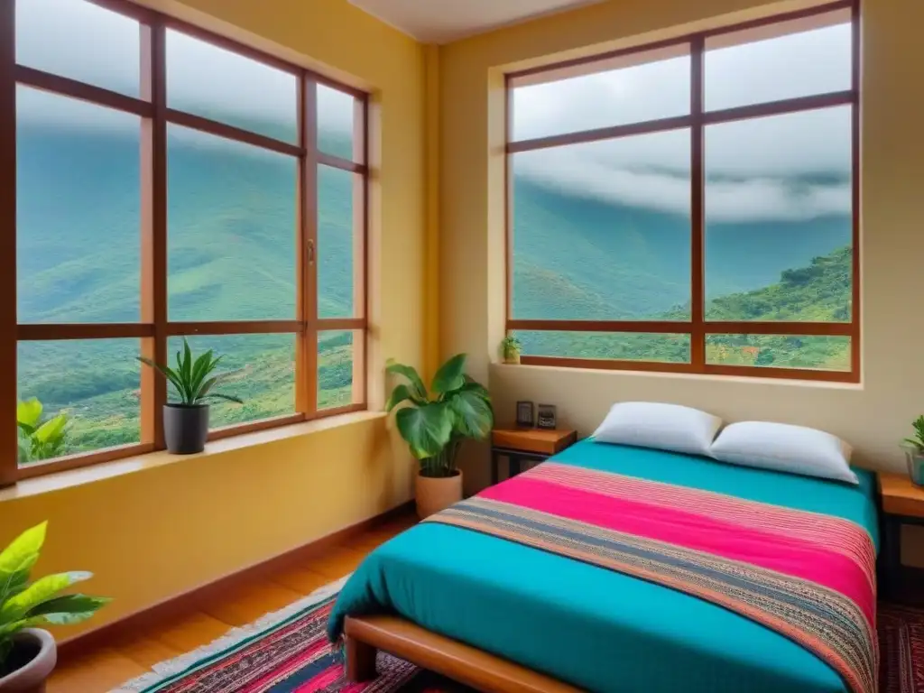 Acogedora habitación de homestay en Latinoamérica Acogedora habitación de homestay en América Latina con cama colorida y vista a la naturaleza