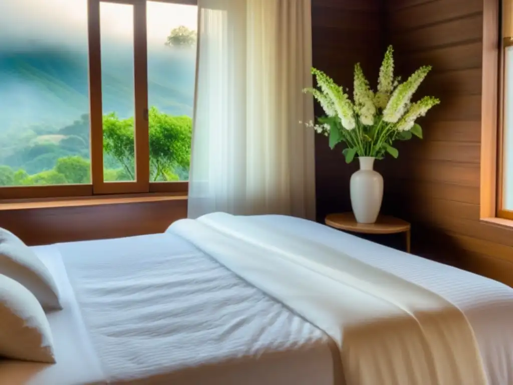 Acolchada habitación de homestay con cama grande y vistas verdes Acogedora habitación de homestay con cama grande, flores frescas y vista a la naturaleza
