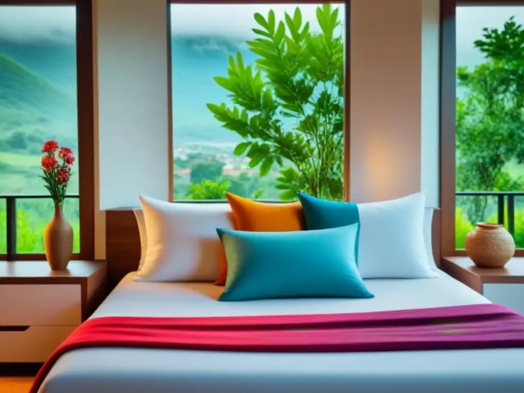 Acogedora habitación de homestay con encanto cultural Acogedora habitación de homestay con cama hecha y almohadas culturales, mesa de noche con flores frescas y ventana a jardín exuberante