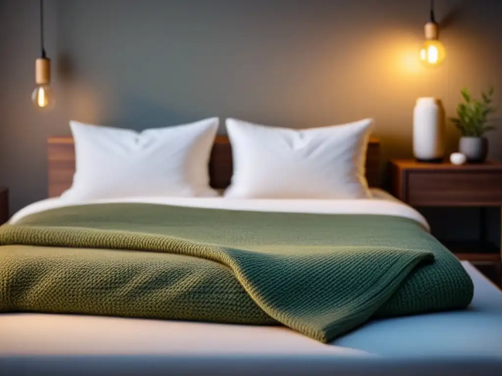 Acogedora habitación hogareña con cama hecha, almohadas suaves, manta tejida, lámpara tenue y planta en maceta