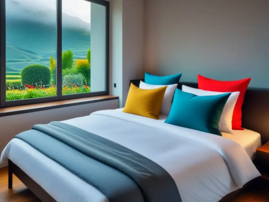 Habitación acogedora de homestay con vista al jardín Acogedora habitación de homestay con cama hecha, cojines coloridos, escritorio con flores frescas y ventana con vista al jardín exuberante