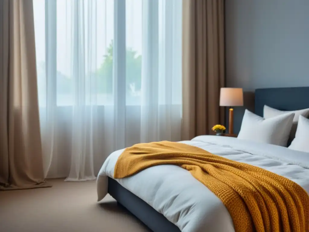 Acogedora habitación de homestay con cama hecha, manta colorida y flores frescas