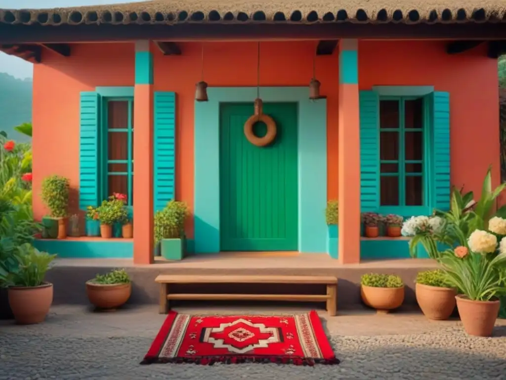 Acogedora casa de adobe con paredes coloridas y exuberante vegetación, mostrando los beneficios de los homestays en América Latina