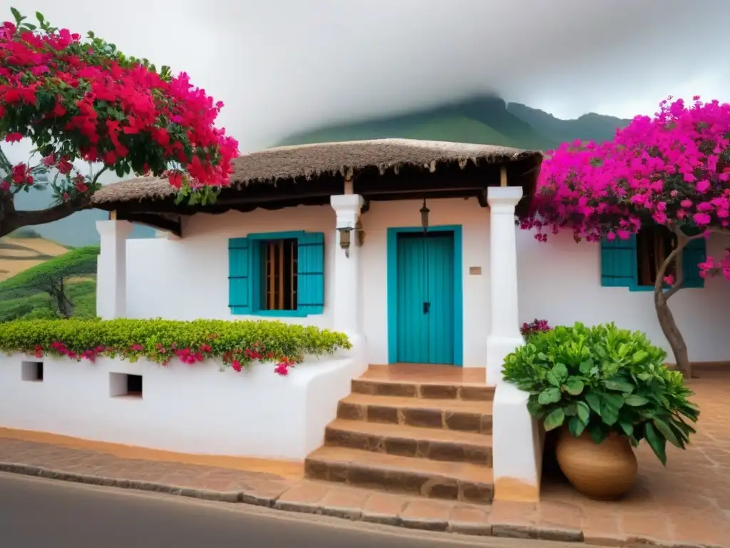 Acogedora casa de adobe con bougainvillea en un pueblo latinoamericano, ideal para homestays en América Latina beneficios