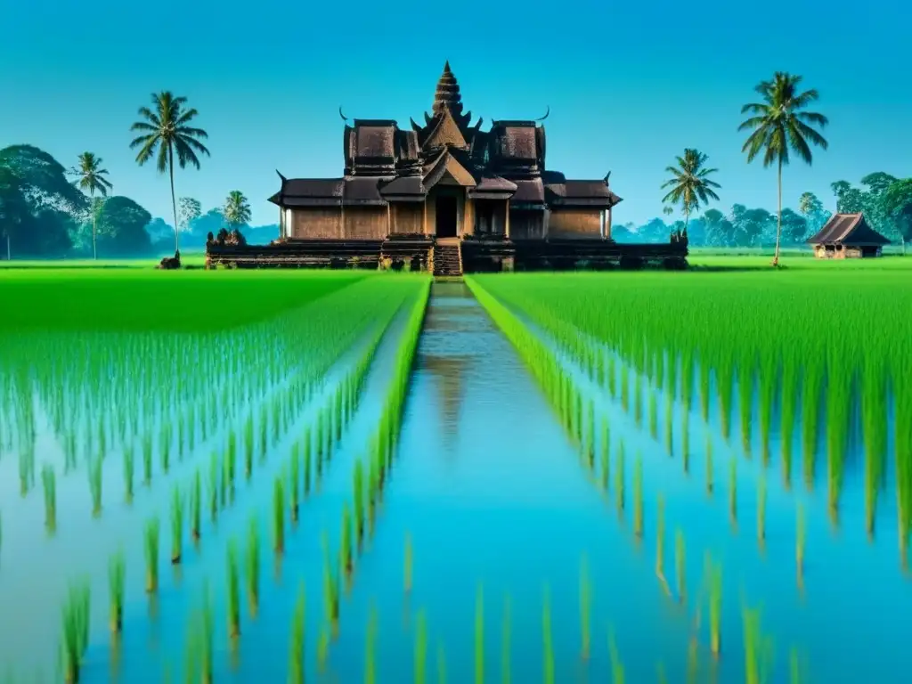 Estampa camboyana: casa de madera en arrozales Acogedora casa camboyana sobre pilotes rodeada de arrozales verdes, con textiles tradicionales y vista a Angkor Wat