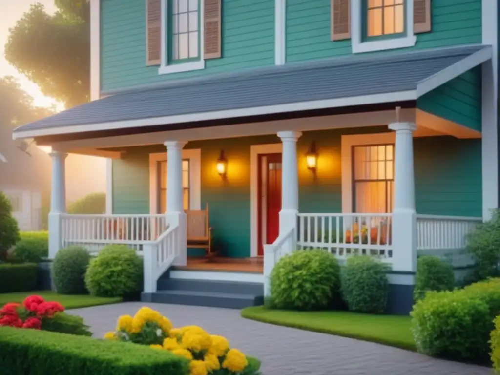 Acogedora homestay en ciudad norteamericana con porche, jardín colorido y ambiente cálido