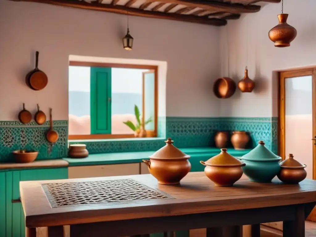 Acogedora cocina tradicional de homestay en Marruecos con azulejos, ollas de cobre y especias coloridas en mesa de madera, bañada por luz suave