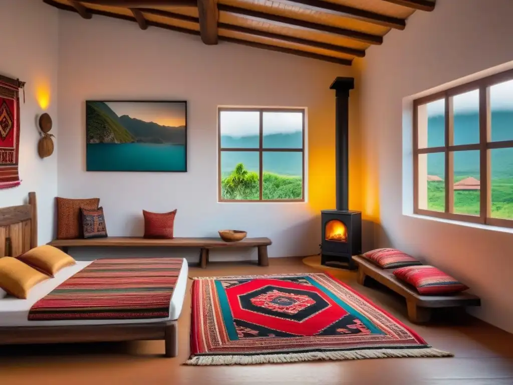 Acogedora estancia en Norteamérica: detalles culturales y autenticidad Acogedora habitación en homestay cultural en Norteamérica con detalles tradicionales y cálida iluminación natural