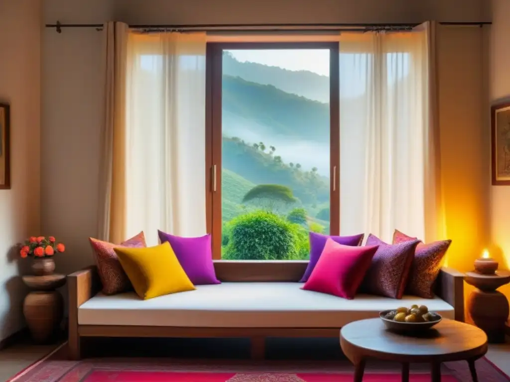 Acogedora habitación de homestay en India con diseño tradicional y tonos cálidos, almohadones coloridos y jardín exuberante