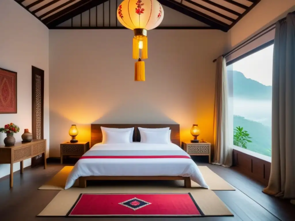 Habitación tradicional en Asia: cama acogedora y detalles locales Acogedora habitación minimalista en homestay tradicional del Sudeste Asiático
