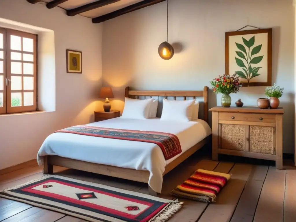 Dormitorio uruguayo acogedor con muebles rústicos y arte autóctono Acogedora habitación de homestay en Uruguay con muebles rústicos, textiles coloridos y arte indígena en las paredes
