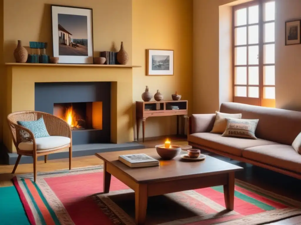 Acogedor salón uruguayo: tradición y calidez Acogedora sala uruguaya con muebles rústicos, textiles vibrantes y chimenea, bañada en cálida luz dorada
