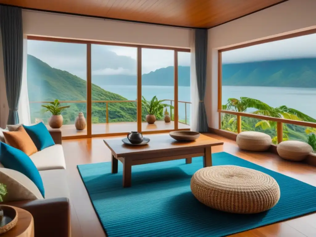 Acogedora sala de estar en homestay en Oceanía con tejidos, cojines y arte indígena, ventana con vista a paisaje verde