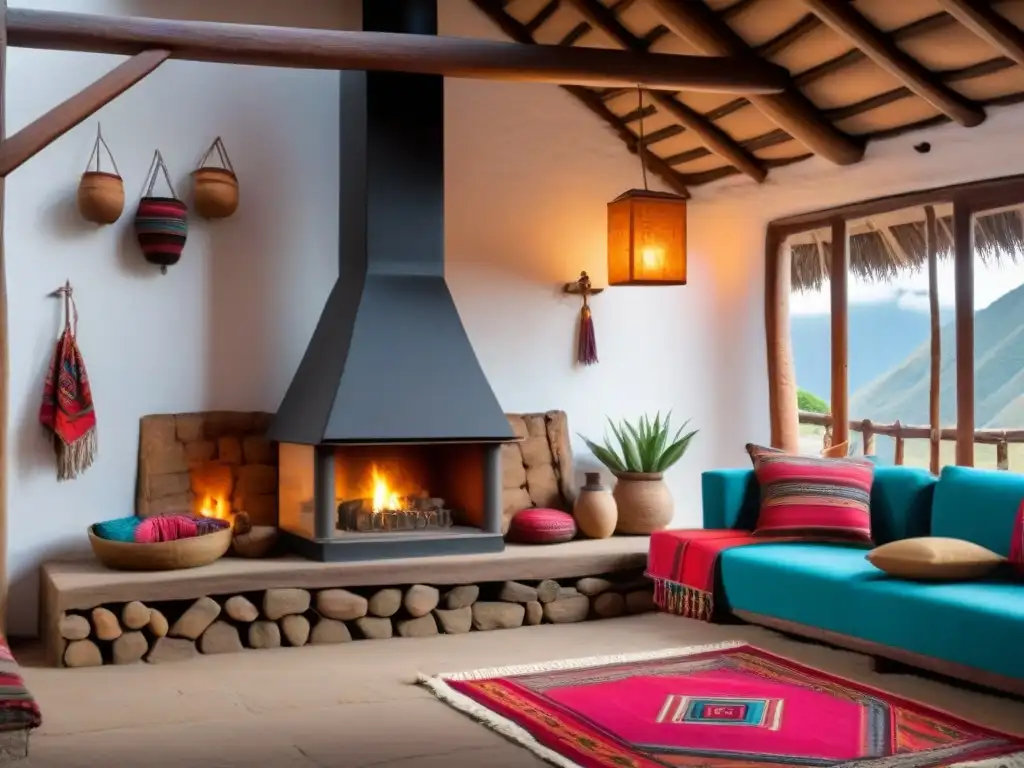 Acogedora sala de homestay en los Andes: textiles vibrantes, alfarería colorida y una chimenea cálida