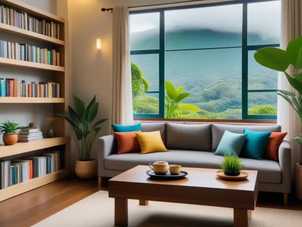 Acogedora sala de estar en homestay con tonos cálidos, libros culturales y ventana con vista a jardín