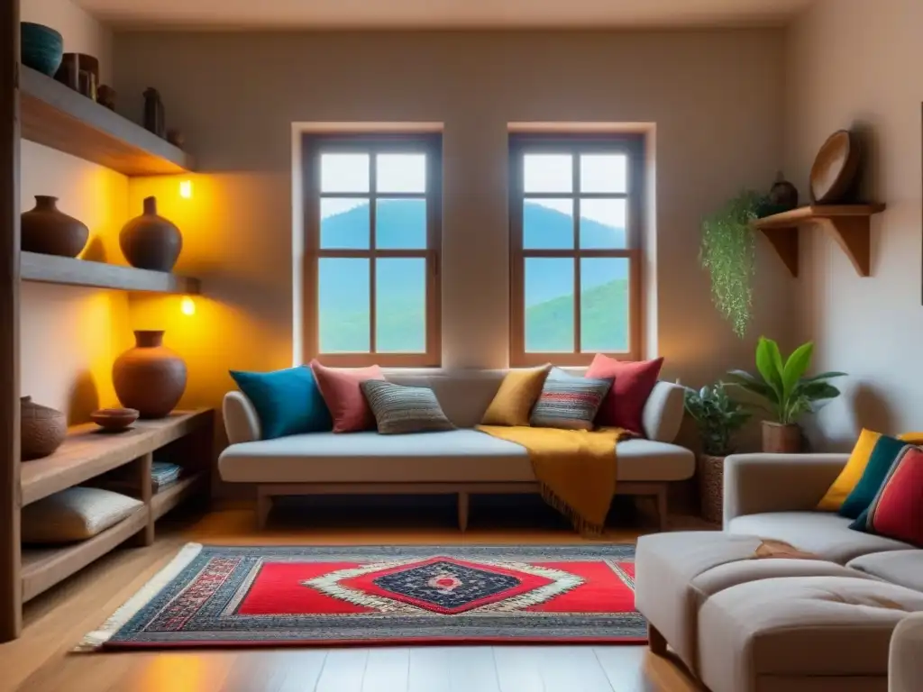 Salón acogedor en Norteamérica con decoración tradicional detallada Acogedora sala de estar en Norteamérica, con decoración tradicional detallada como alfombras tejidas a mano y cerámica colorida en estantes de madera