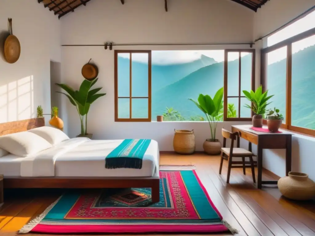 Acogedora habitación de homestay en América Latina: serenidad y tradición Habitación acogedora y soleada en América Latina con decoración tradicional y vibrantes textiles