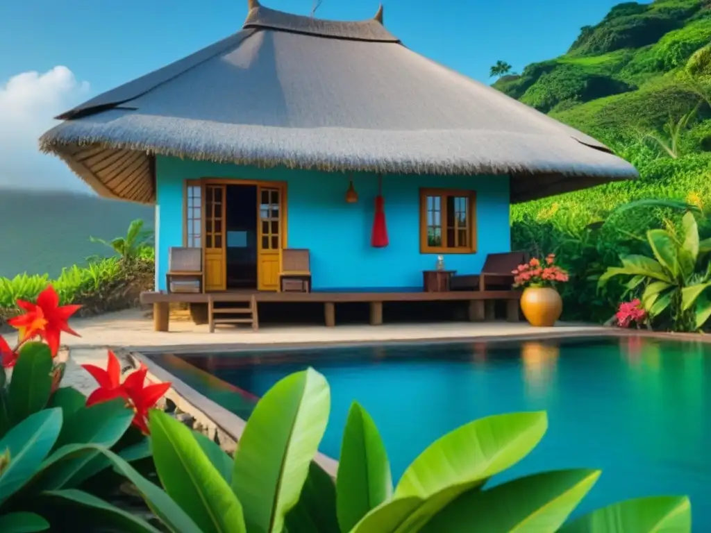 Acogedora homestay en Oceanía con techo de paja rodeado de exuberante vegetación y flores tropicales, bajo un cielo azul