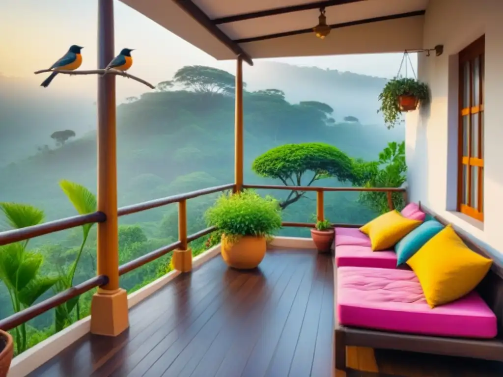 Acogedora homestay tradicional en la India, con veranda colorida y detalles de madera, rodeada de exuberante vegetación al atardecer y aves locales