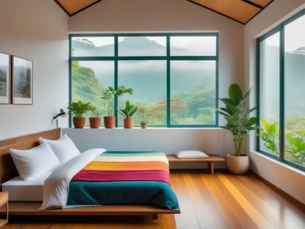 Acogedora habitación homestay con vista al jardín, cama hecha y manta colorida