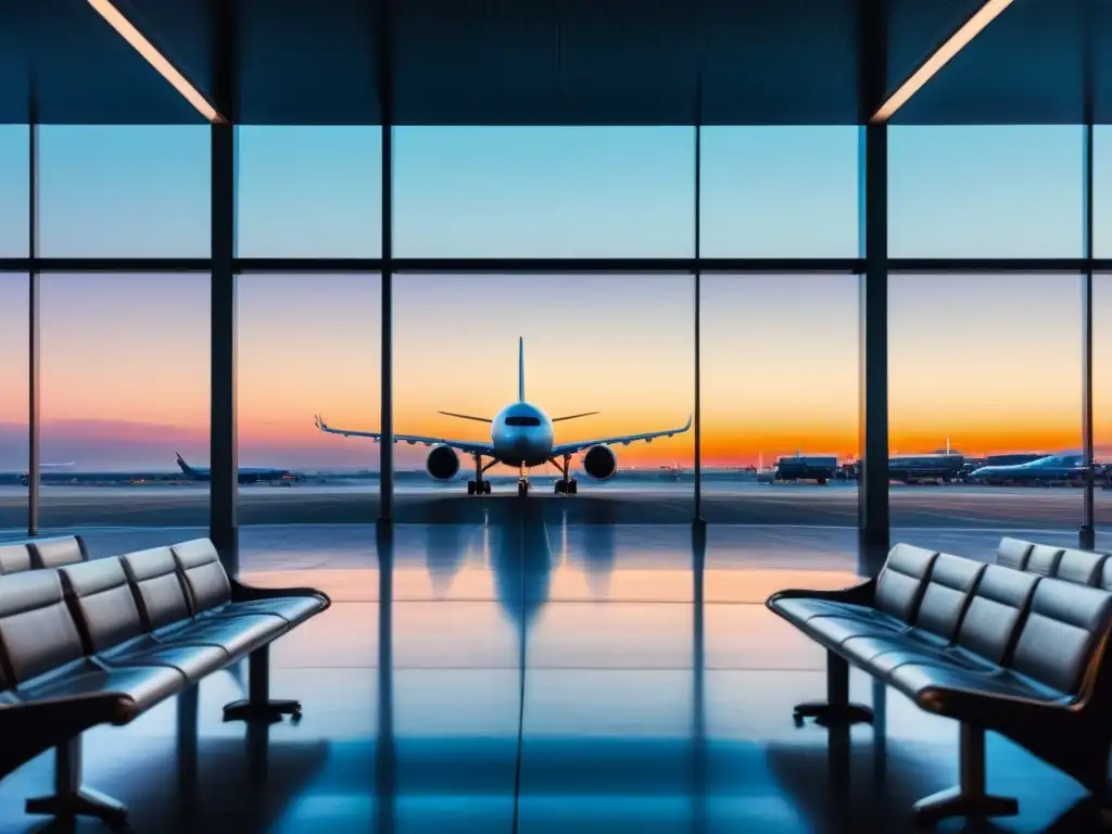 Un aeropuerto desértico al atardecer, con luz cálida iluminando mostradores y asientos vacíos