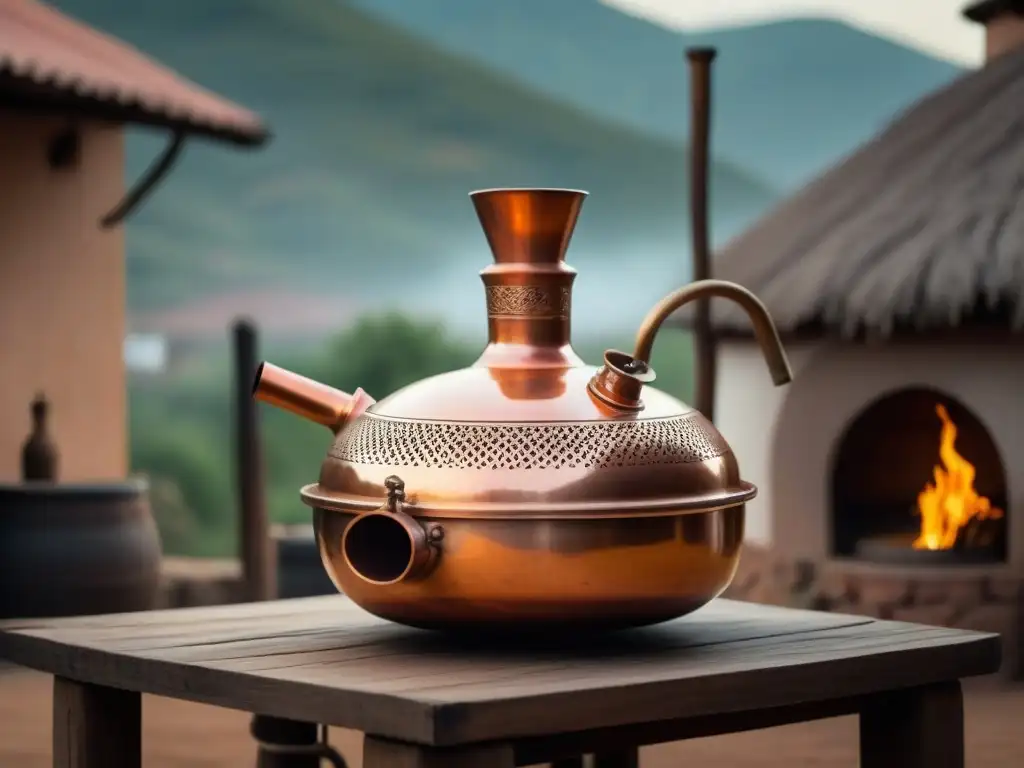 Un alembic de cobre tradicional utilizado en el proceso de destilación del mezcal en Oaxaca, reflejando detalles e intrincados diseños
