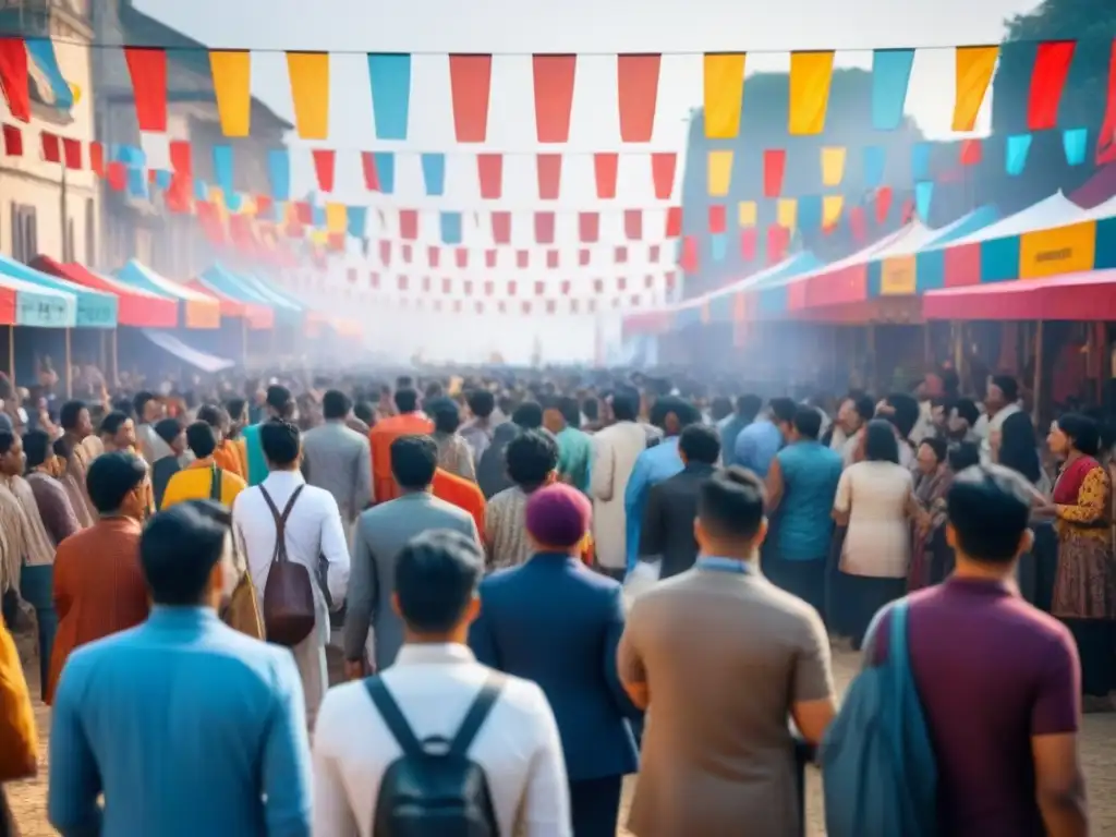 Alianza festivales culturales turismo: Escena festiva vibrante con banderas coloridas, actuaciones culturales y multitud diversa unida en celebración