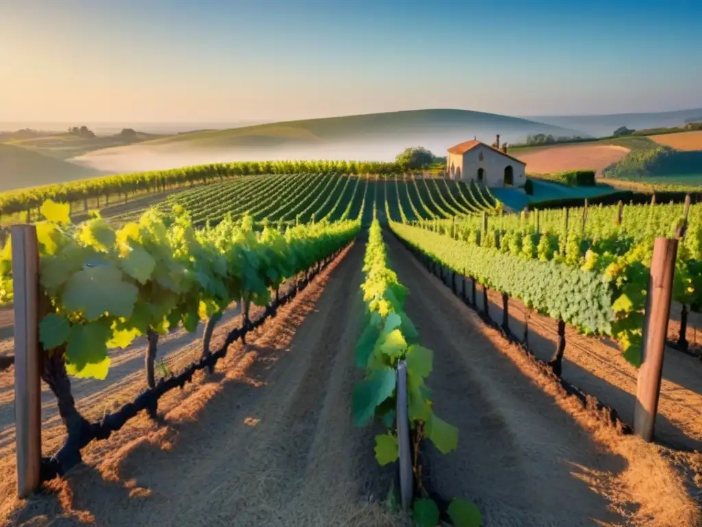 Un amanecer mágico en un viñedo exuberante, con hileras de uvas verdes bajo el cielo azul