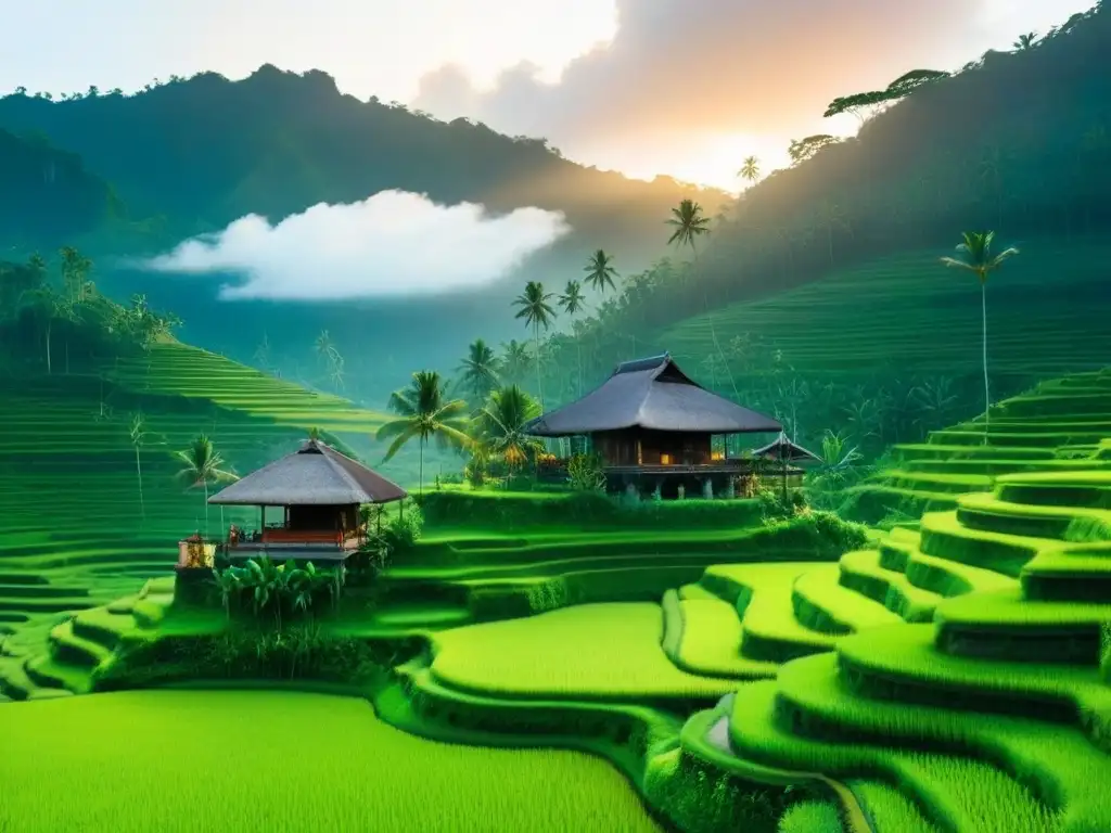 Un amanecer sereno ilumina homestays auténticos en Bali entre terrazas de arroz verde exuberante