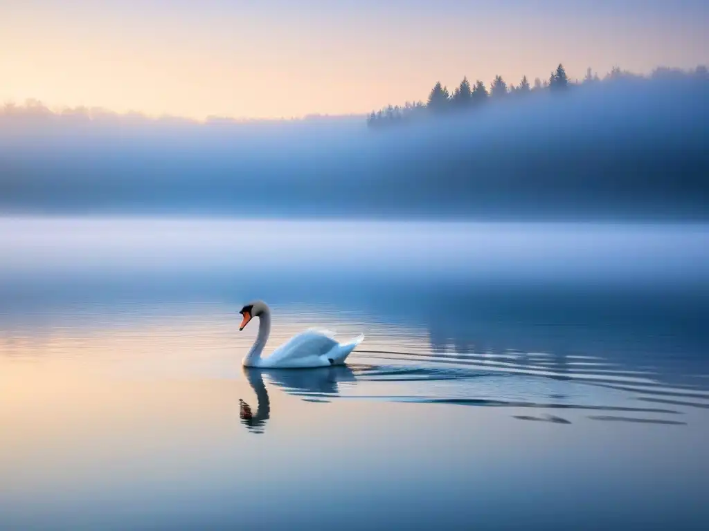 Paisaje sereno: lago al amanecer con cisne Un amanecer sereno en un lago, con niebla y un cisne, ideal para programas de idiomas inmersivos