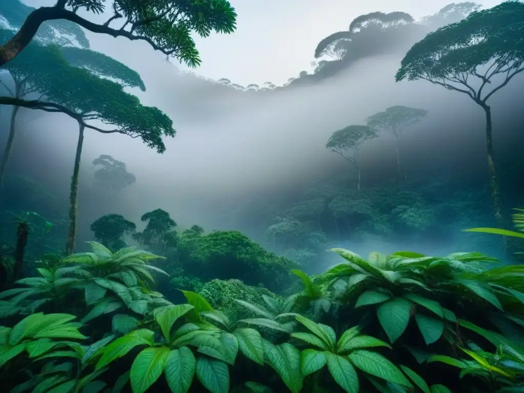 Un amanecer sereno en la selva amazónica, con neblina y exuberante vegetación